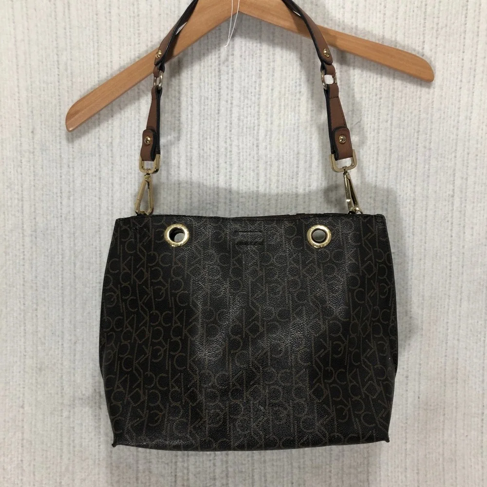 Calvin Klein Monogram Bucket Bag Tote Purse Dark Brown Gold Hardware‎